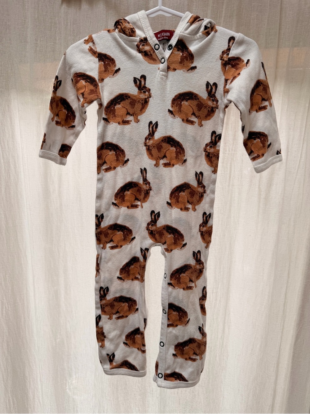 Milkbarn White Hooded One-Piece with Brown Bunny Print 6-12M